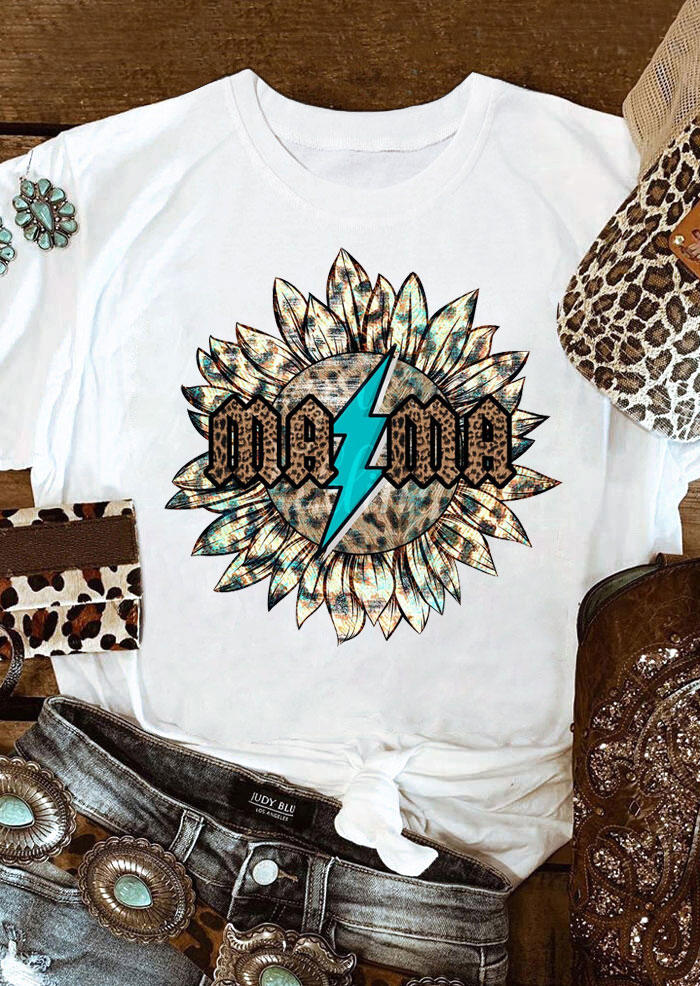 

Mama Lightning Leopard Sunflower T-Shirt Tee - White, 530700