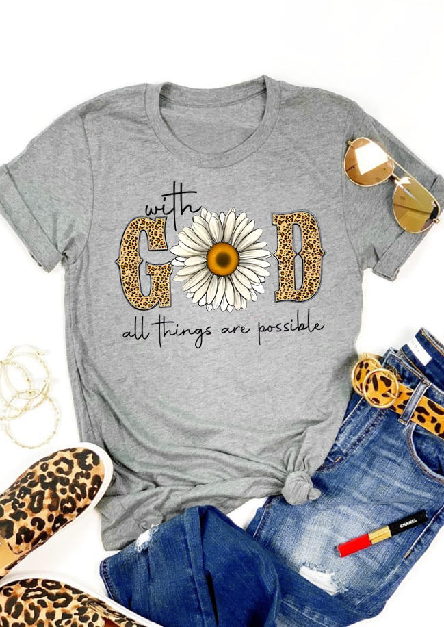 

God Christian Leopard Daisy T-Shirt Tee - Gray, 530714