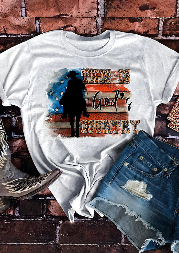 

This Is God' Country Cowboy Leopard Star T-Shirt Tee - Light Grey, 530718