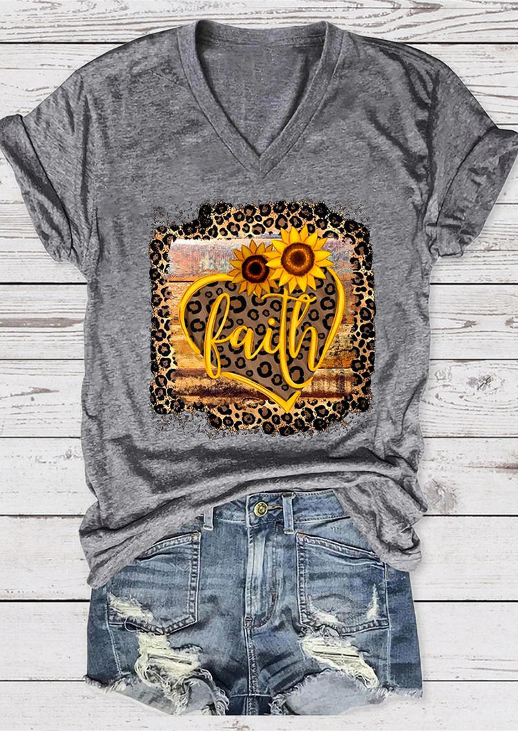 

Faith Sunflower Leopard Heart T-Shirt Tee - Gray, 530720