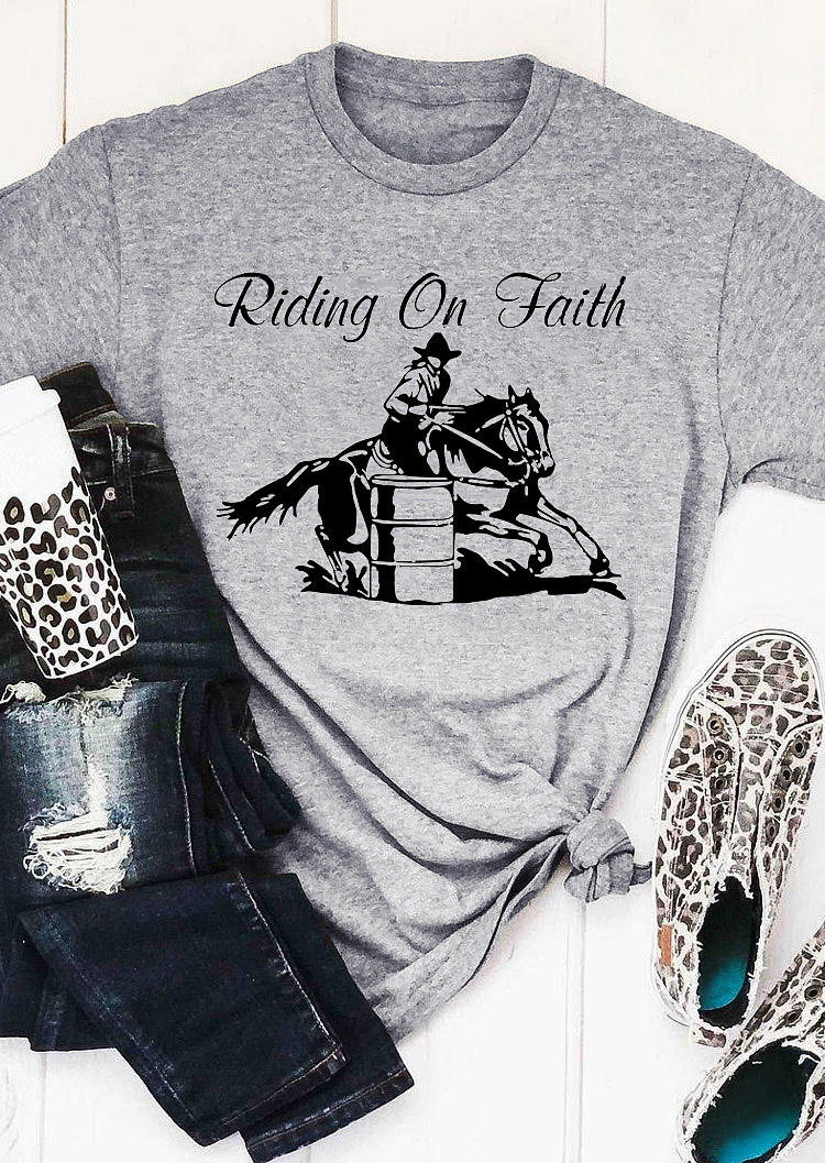 

Riding On Faith Cowboy T-Shirt Tee - Gray, 530726