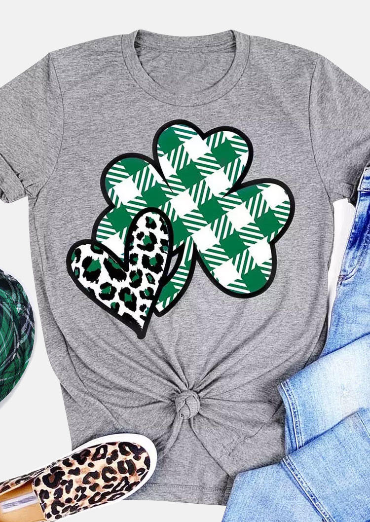 

St. Patrick' Day Lucky Shamrock Plaid Leopard Heart T-Shirt Tee - Gray, 530725