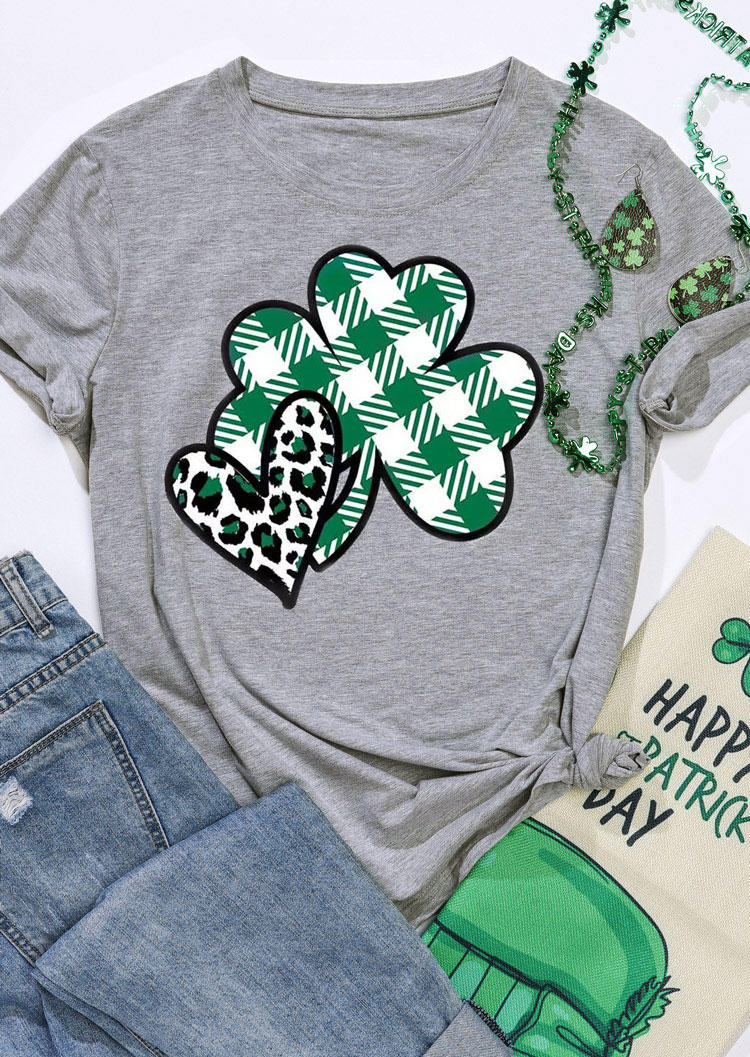 St. Patrick's Day Lucky Shamrock Plaid Leopard Heart T-Shirt Tee - Gray