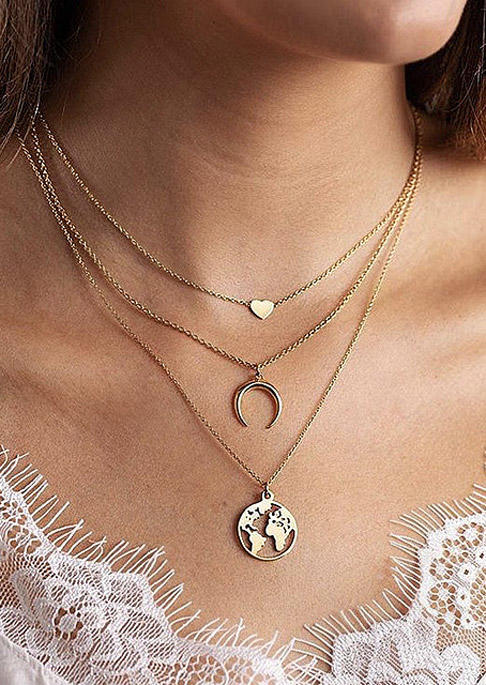 

Heart Moon Map Multi-Layered Necklace, Gold, 530731