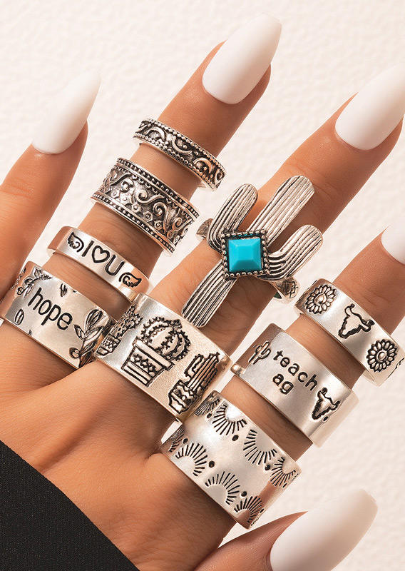 

9Pcs Turquoise Cactus Steer Skull Alloy Ring Set, Silver, 530776