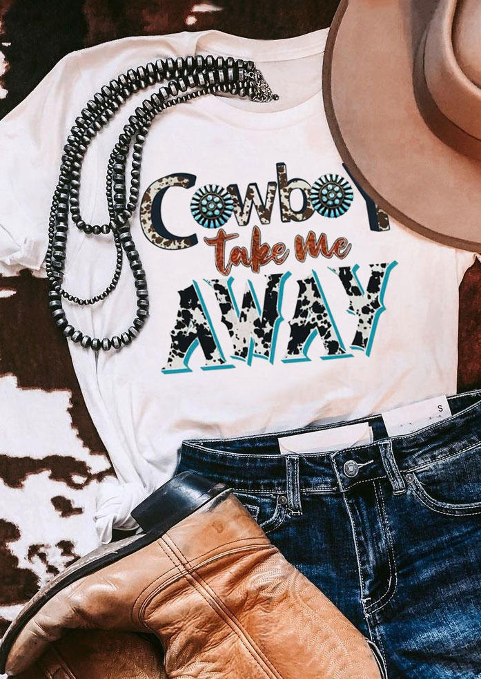 

Cowboy Take Me Away Turquoise T-Shirt Tee - White, 530786