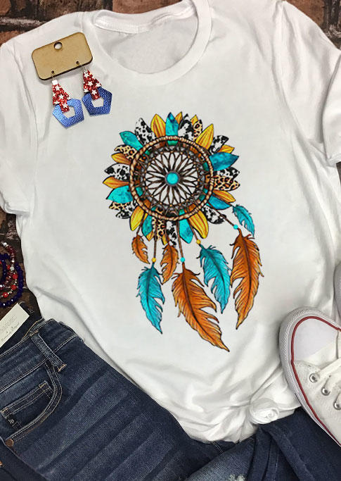 

Feather Sunflower Leopard Cow T-Shirt Tee - White, 530789
