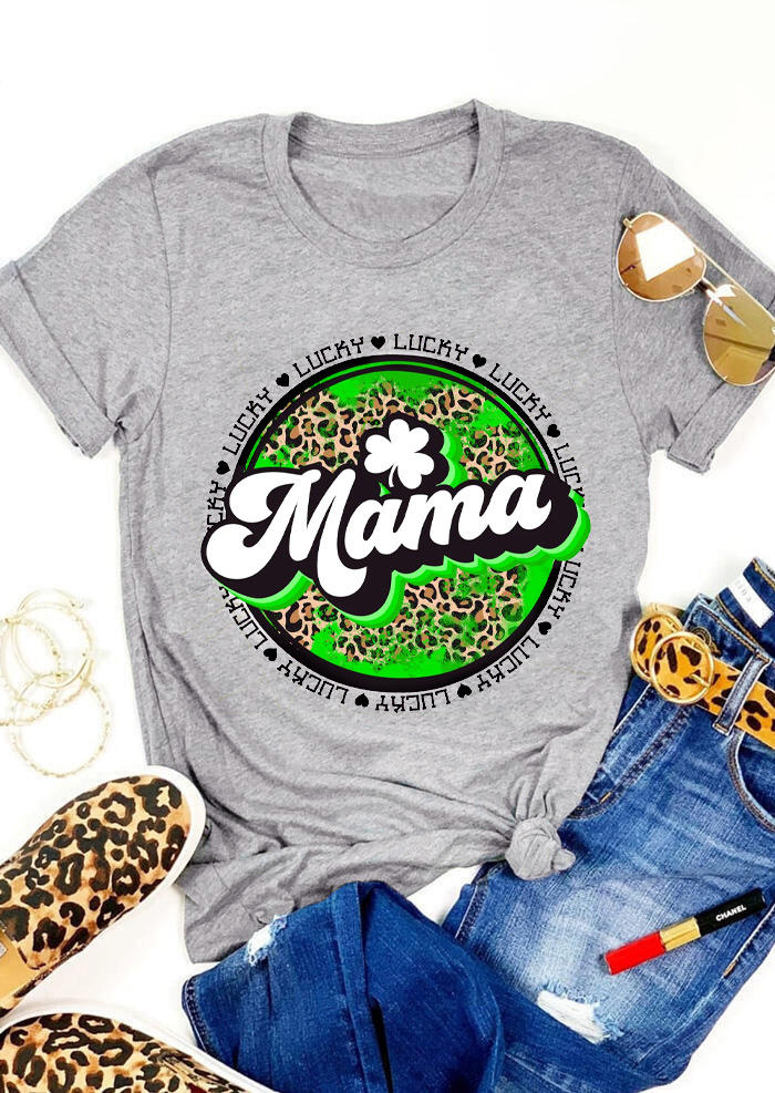 

St. Patrick' Day Lucky Shamrock Leopard Mama T-Shirt Tee - Gray, 530816