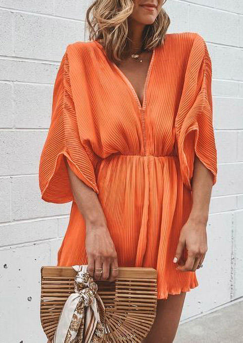 Ruffled V-Neck Mini Dress - Orange