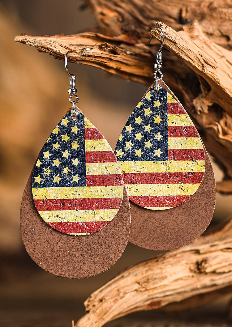 

American Flag Dual-Layered Water Drop Earrings, Blue;brown, 530562