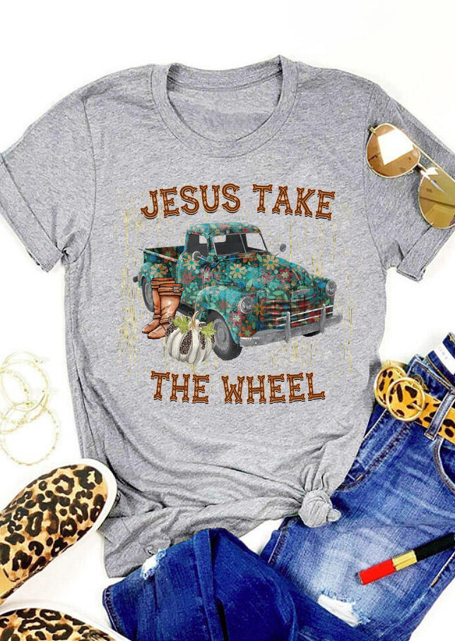 Kaufen Jesus Take The Wheel O-Neck T-Shirt Tee - Gray. Bild