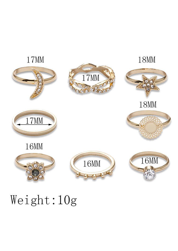 8Pcs Rhinestone Moon Star Hollow Out Ring Set