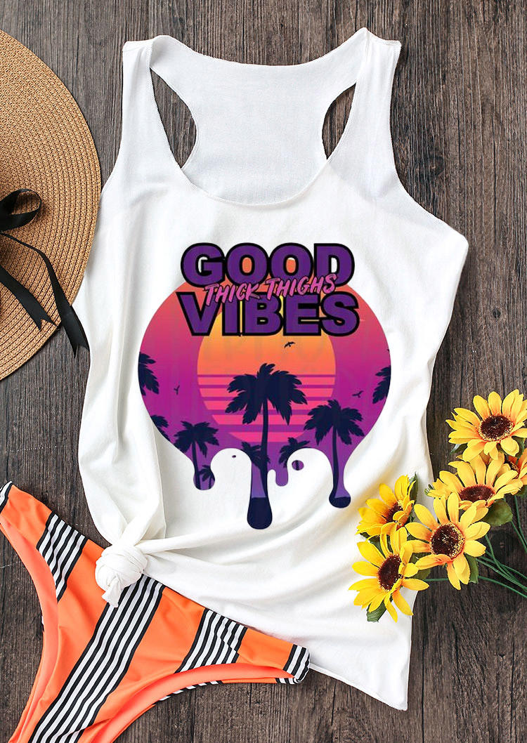 

Good Vibes Thick Thighs Coconut Tree Racerback Tank - White, 530937