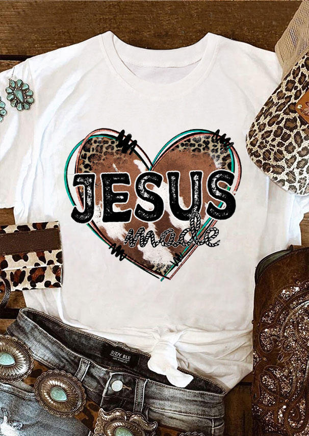 

Jesus Made Leopard Heart T-Shirt Tee - White, 530956