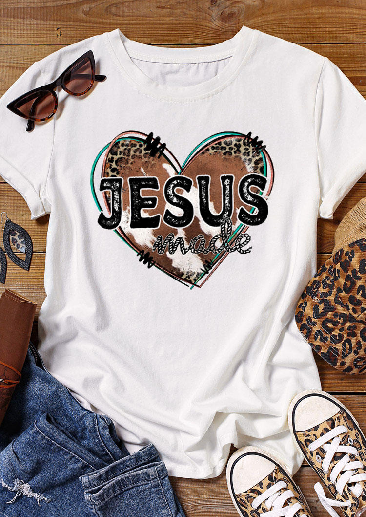 Jesus Made Leopard Heart T-Shirt Tee - White