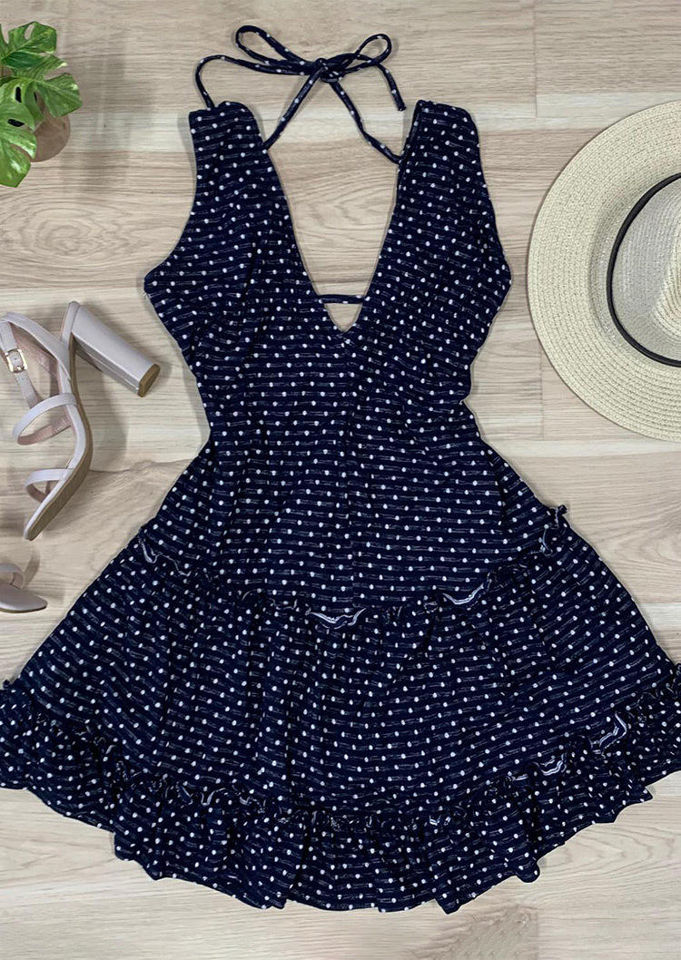 

Polka Dot Tie Sleeveless Mini Dress - Navy Blue, SCM000534