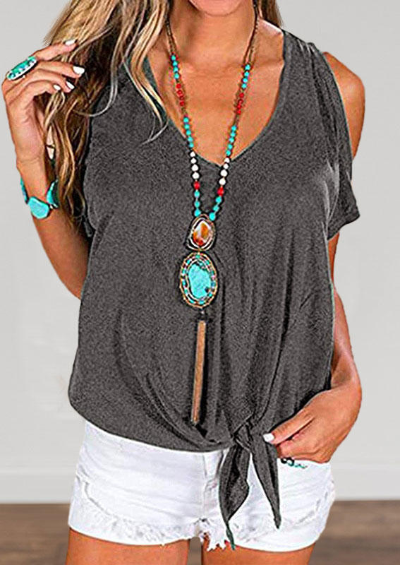 

Cold Shoulder V-Neck Blouse - Gray, 530899