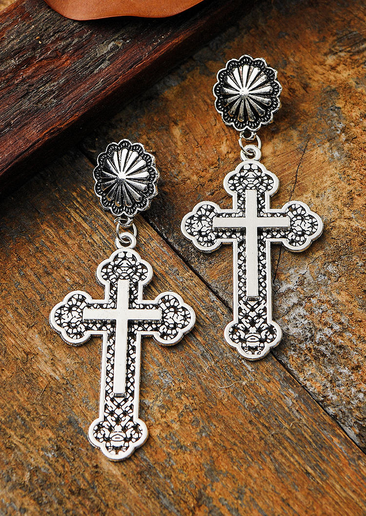 

Cross Floral Alloy Earrings, Silver, 530905
