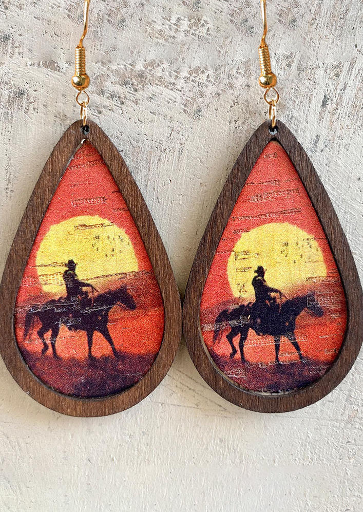 Cowboy Sunset Water Drop Wood Earrings