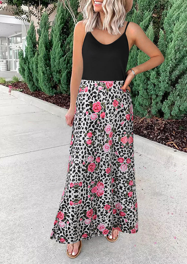 

Leopard Floral Spaghetti Strap Maxi Dress - Black, 530930