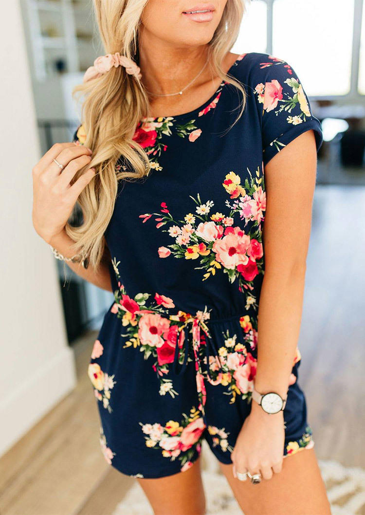 

Floral Short Sleeve O-Neck Romper - Navy Blue, SCM000445