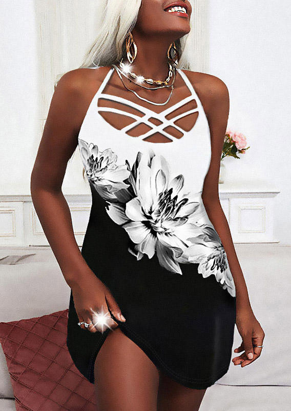 

Criss-Cross Floral Spaghetti Strap Mini Dress - Black, 527861