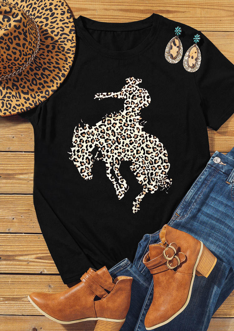 

Leopard Cowboy O-Neck T-Shirt Tee - Black, 528641