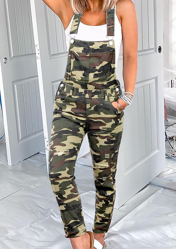 

Camouflage Pocket Ripped Hole Denim Overall Jumpsuit, 531011