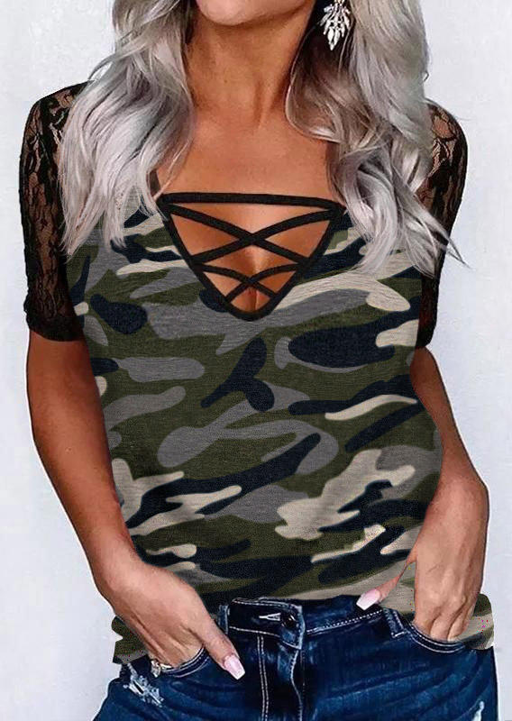 

Lace Splicing Criss-Cross Camouflage Blouse, SCM000207