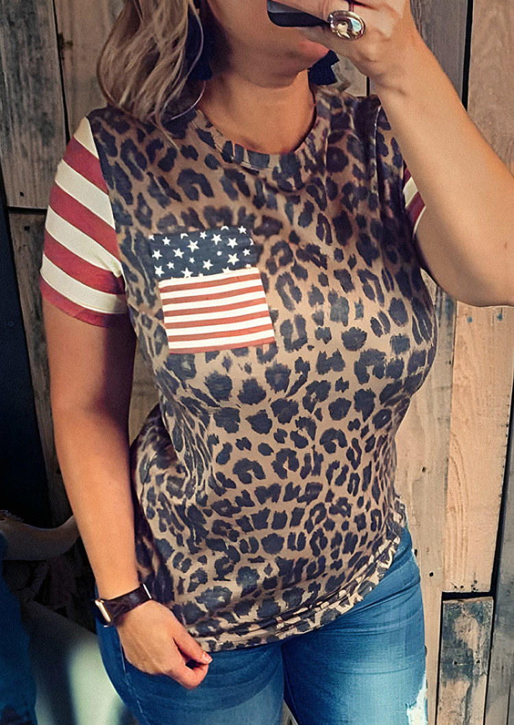 

American Flag Star Leopard Pocket Blouse, Multicolor, SCM000427