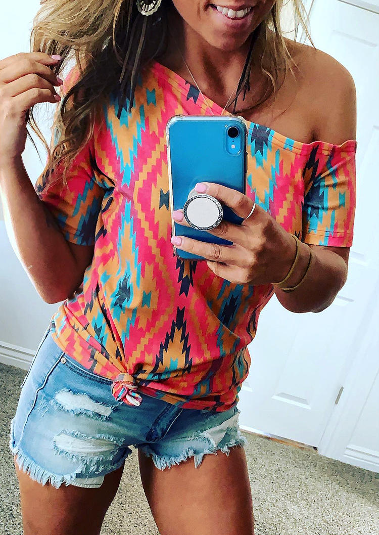 

Aztec Geometric Short Sleeve Blouse - Watermelon Red, SCM000653