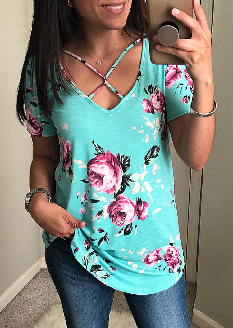 

Floral Criss-Cross Casual Blouse - Blue, SCM000658