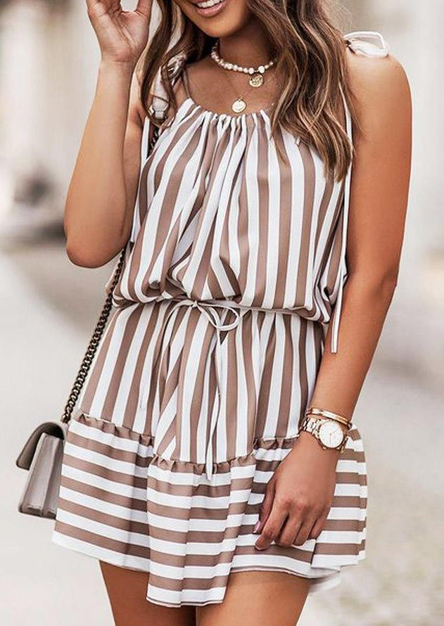 

Striped Spaghetti Strap Mini Dress - Beige, 531062