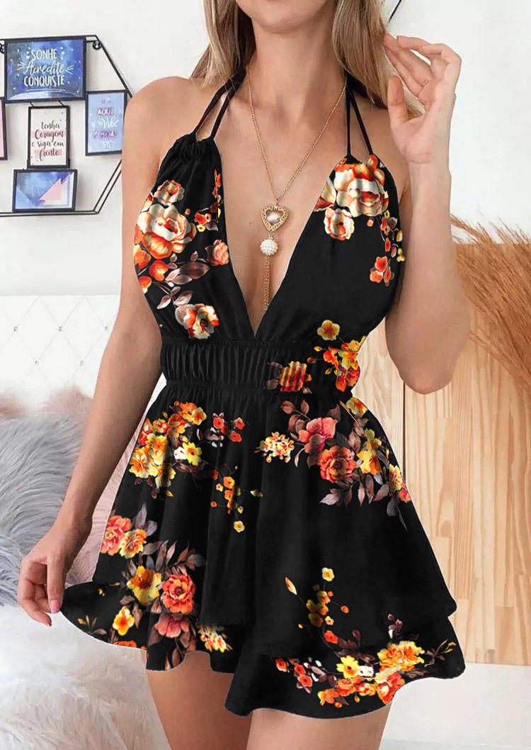 

Floral Halter Open Back Mini Dress - Black, SCM000521