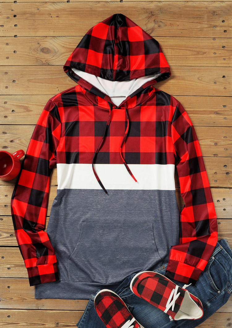 Buy Plaid Kangaroo Pocket Long Sleeve Hoodie. Picture