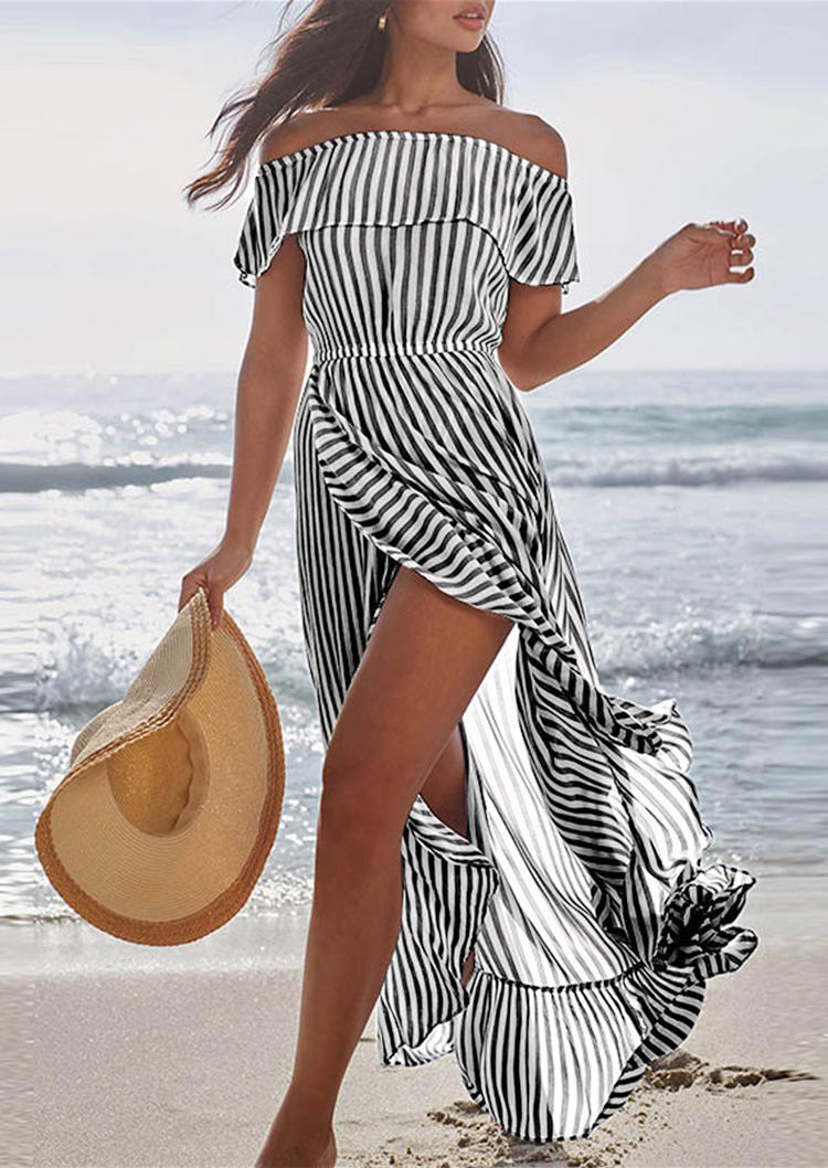 

Striped Slit Off Shoulder Maxi Dress, Stripe, 531077