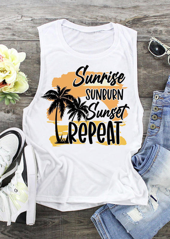 

Sunrise Sunburn Sunset Repeat Coconut Tree Tank - White, 531196