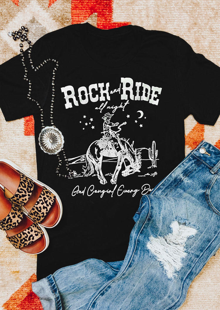 

Rock And Ride All Night Cowboy Horse T-Shirt Tee - Black, 531197