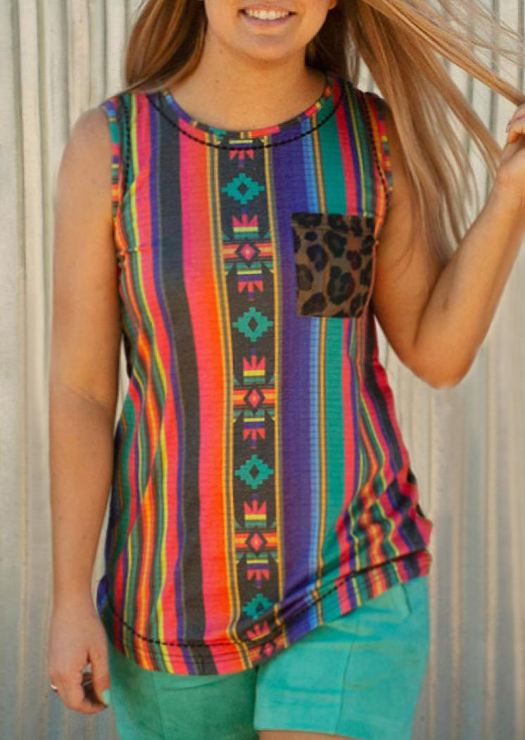 

Aztec Geometric Vertical Striped Leopard Pocket Tank, Multicolor, SCM000235