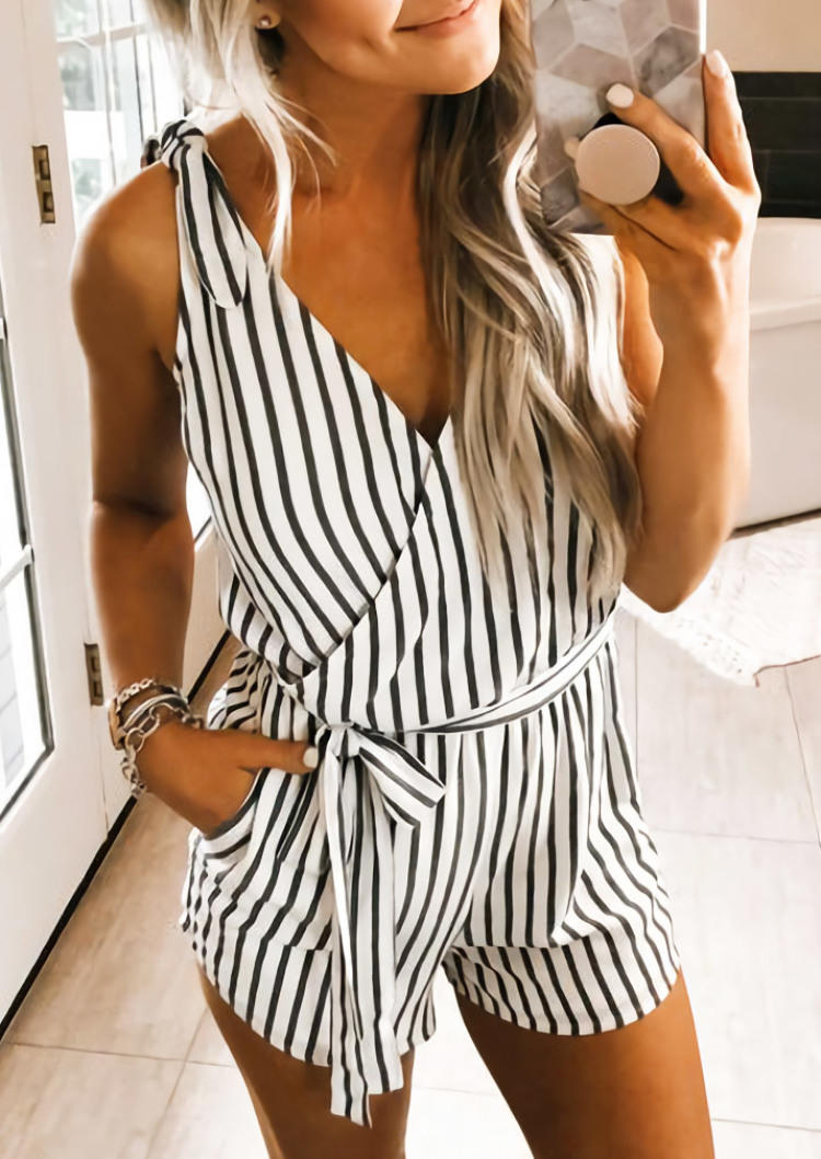 

Vertical Striped Wrap Sleeveless Romper - White, SCM000419