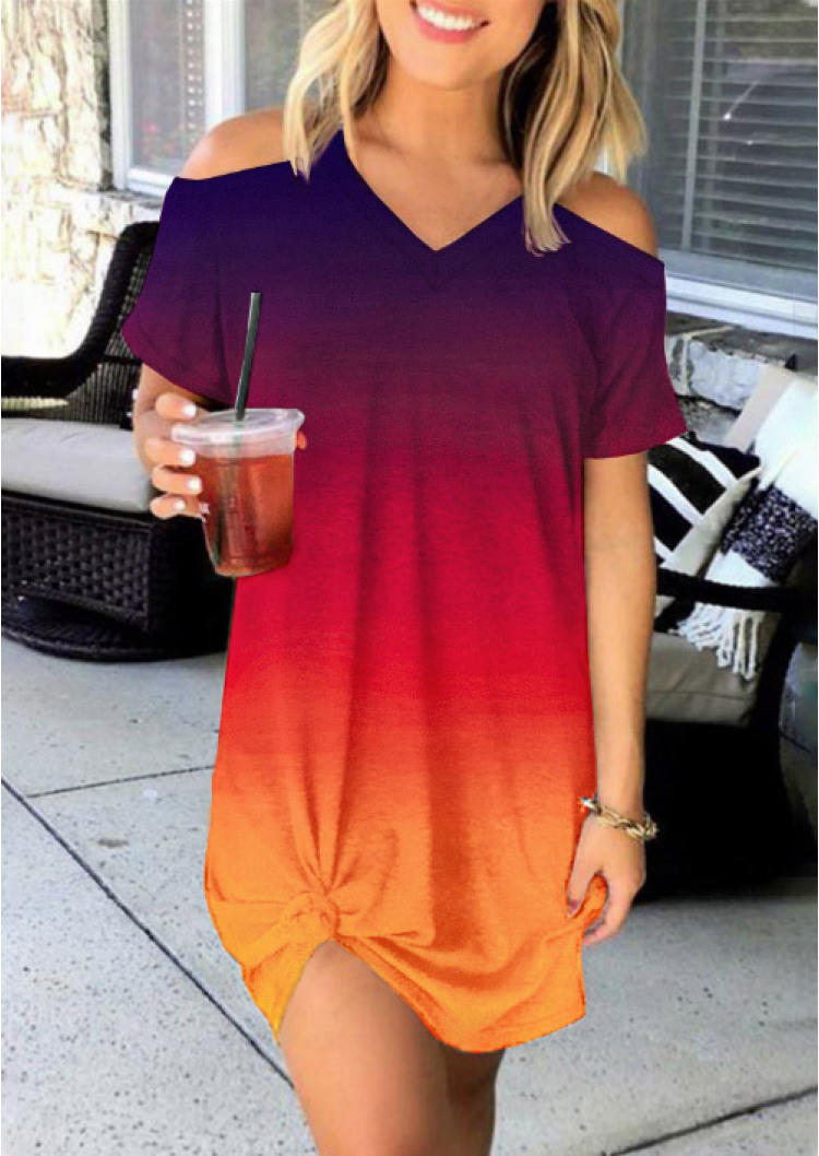 

Gradient Cold Shoulder V-Neck Mini Dress, Multicolor, SCM000435