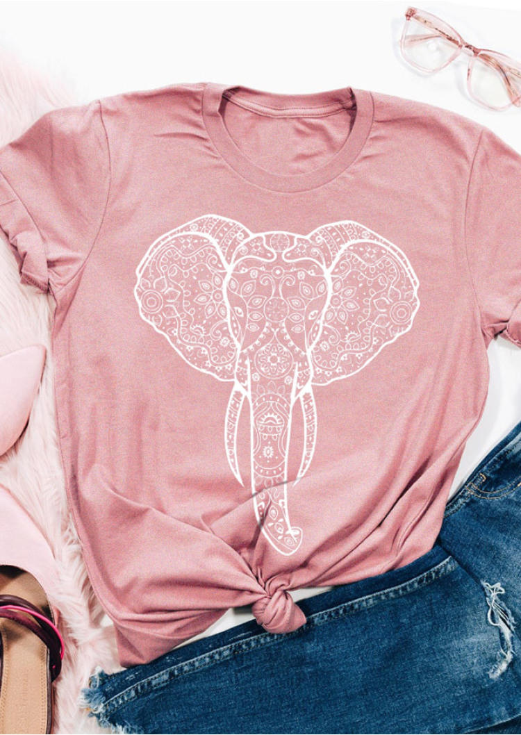 Elephant Mandala Short Sleeve T-Shirt Tee - Pink