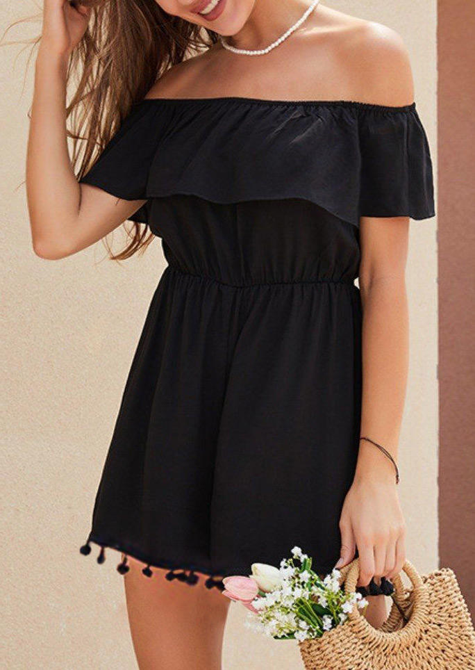 

Pom Pom Trim Dip Hem Off Shoulder Mini Dress - Black, 531072
