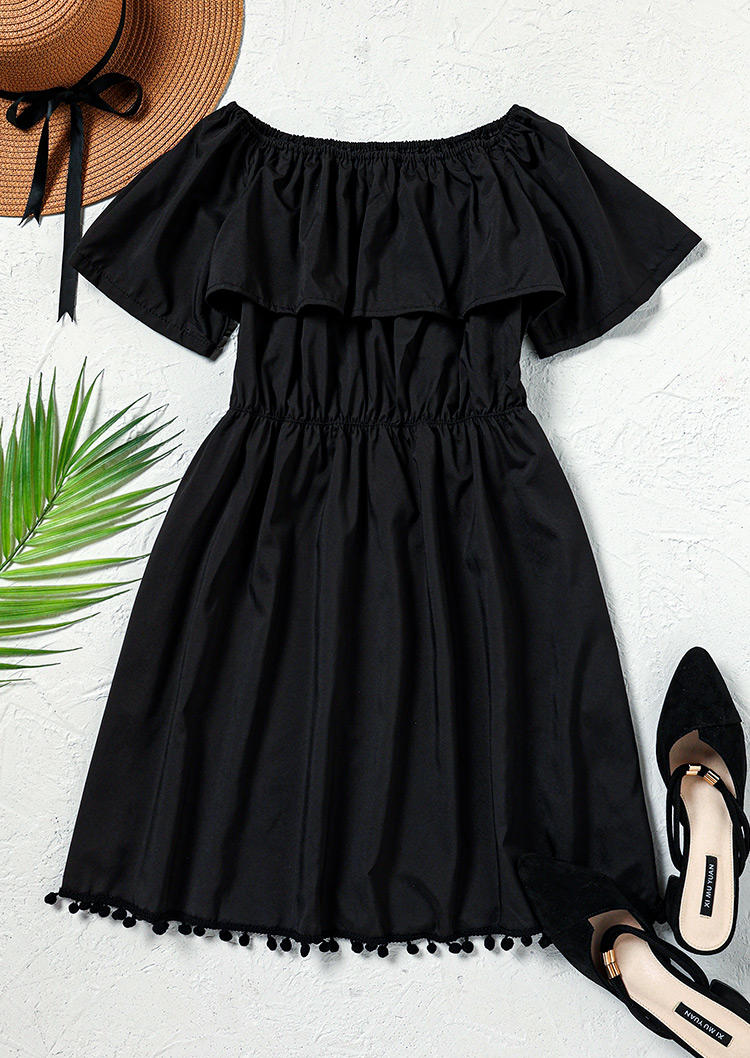 Pom Pom Trim Dip Hem Off Shoulder Mini Dress - Black