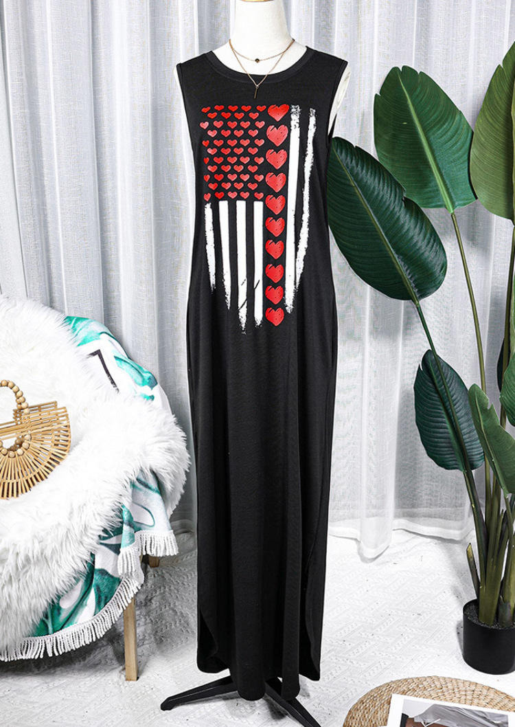 Heart Striped Pocket Sleeveless Maxi Dress - Black