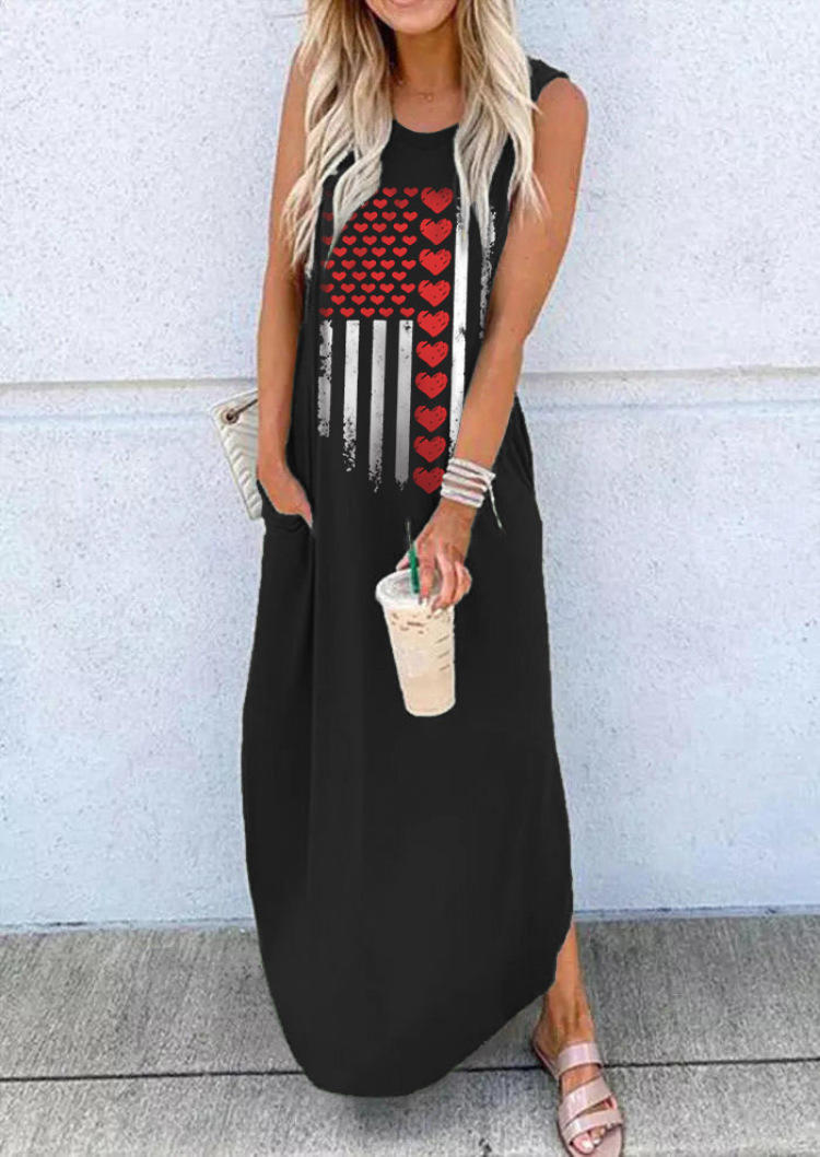 

Heart Striped Pocket Sleeveless Maxi Dress - Black, SCM000277