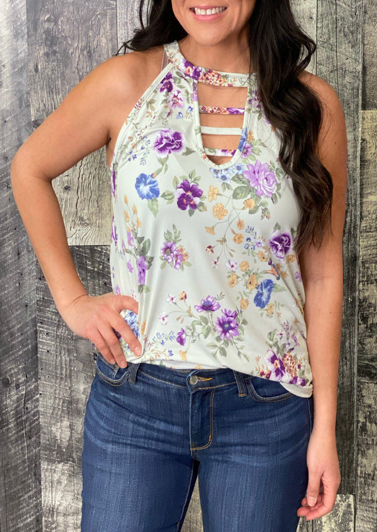 

Floral Keyhole Neck Halter Tank - White, SCM000480