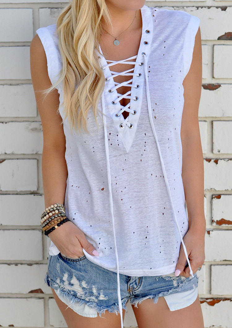 Ripped Hole Lace Up Casual Tank - White