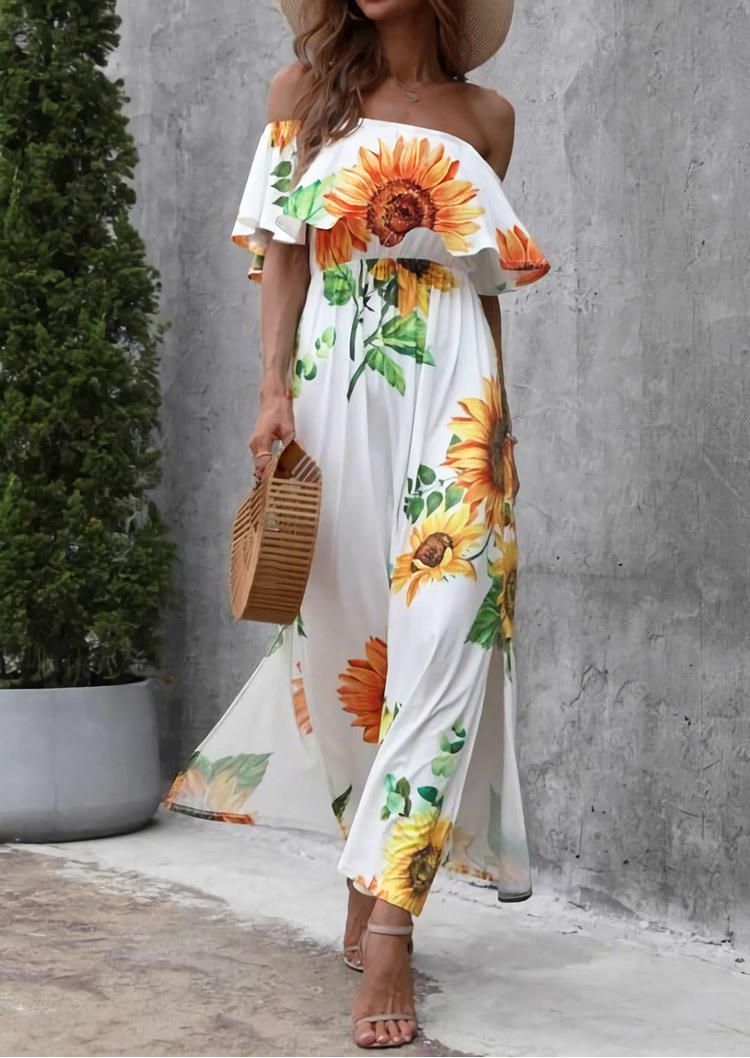 Sunflower Off Shoulder Slit Maxi Dress - White