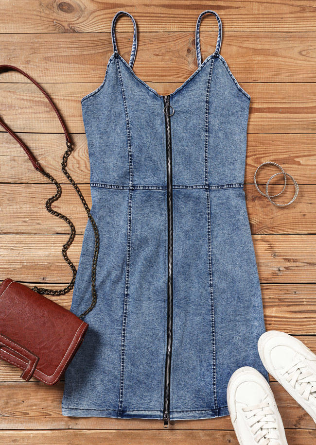 Zipper Spaghetti Strap Denim Bodycon Dress - Light Blue